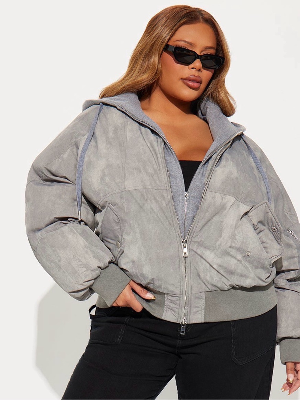 Fashion Nova Oversized Grey Hooded Bomber Jacket